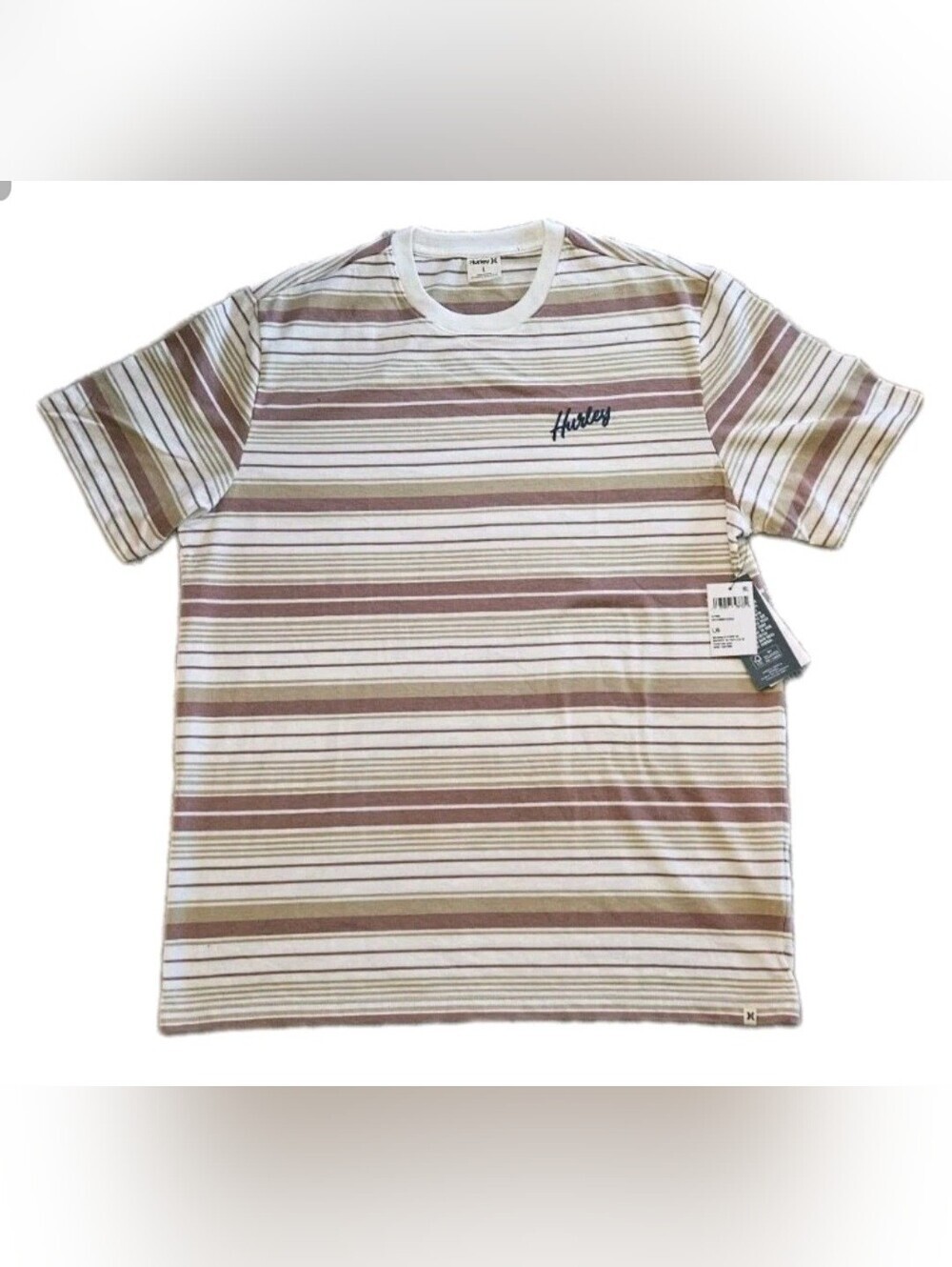 Hurley Striped Logo Tee NWT Size Large Rose/ Cream/ Brown Surf Skate Shirt